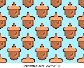 Acorns seamless pattern in pixel art style. 8 bit icon acorn, oak symbol. Trend design for printing, wrapping paper and advertising. Vector illustration