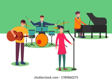 Acoustic band vector concept: band group performing pop music happily with acoustic instrument