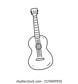 Acoustic classic guitar or ukulele isolated on white background. String musical instrument. Vector hand-drawn illustration in doodle style. Perfect for cards, decorations, logo.