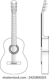 Icono de guitarra clásica acústica sobre fondo blanco. Vector de línea fina.