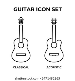 Acoustic and classical guitar icon set. Musical instrument symbol. Guitar line vector illustration. Rock outline isolated symbol.