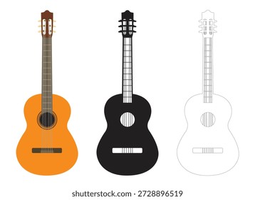 Conjunto de Vector de guitarra Clásica Acústica con silueta de color plano e iconos de ilustración de arte de línea