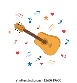Acoustic classical hand drawn guitar with note for musical store or school. Country music festival instrument background. Live fest poster. Vector isolated element.