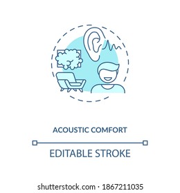 Acoustic comfort blue concept icon. Living space. Reduced noise. Comfortable work place. Modern home. Biophilia idea thin line illustration. Vector isolated outline RGB color drawing. Editable stroke