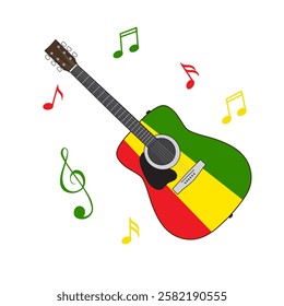 Acoustic dreadnought guitar flat illustration with jamaica colors reggae music festival