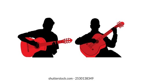 Acoustic duet man playing guitar vector silhouette illustration isolated. Classic music concert performer. Musician artist amusement. Virtuoso guitar duo. Teamwork art boys play string instrument.