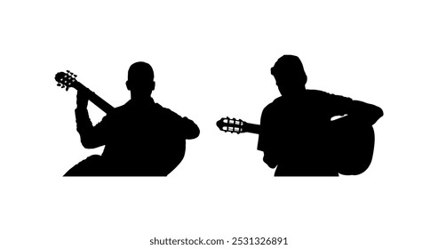 Acoustic duet man playing guitar vector silhouette illustration isolated. Classic music concert performer. Musician artist amusement. Virtuoso guitar duo. Teamwork art boys play string instrument.