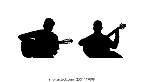 Acoustic duet man playing guitar vector silhouette illustration isolated. Classic music concert performer. Musician artist amusement. Virtuoso guitar duo. Teamwork art boys play string instrument.