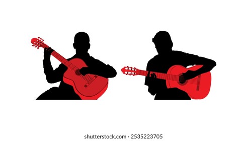 Acoustic duet man playing guitar vector silhouette illustration isolated. Classic music concert performer. Musician artist amusement. Virtuoso guitar duo. Teamwork art boys play string instrument.