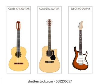 Acoustic, electric and classical Guitar Set. Vector illustration