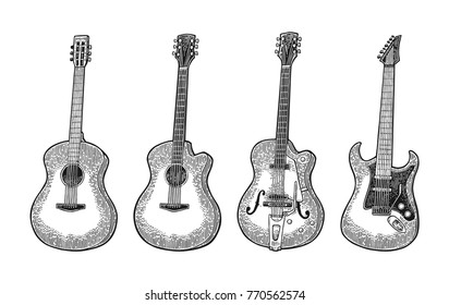 Acoustic and electric guitar. Vintage vector black engraving illustration for poster, web. Isolated on white background.