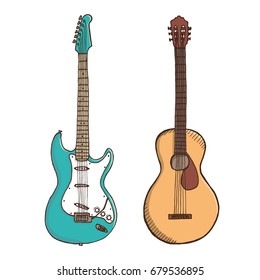 Acoustic and electric guitars. Colored hand drawn vector illustration.