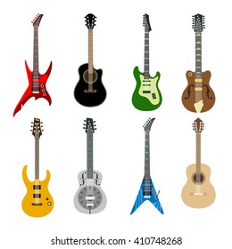 Acoustic and electric guitars colored icons on white background. Different shape vector icons set