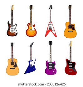 Acoustic and electric guitars flat vector illustrations set. Collection of musical instrument with strings designs for bands isolated on white background. Music, entertainment, leisure concept