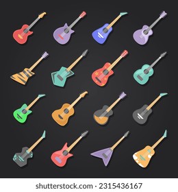 acoustic and electric guitars hand drawn collection