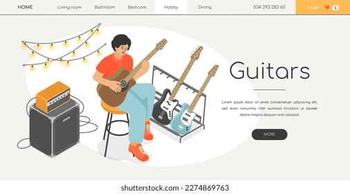 Acoustic and electric guitars - modern isometric web banner on white background with copy space for text. Header with musician sitting on a chair, playing melody, performing on stage. Show or concert