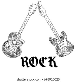 Acoustic and electric guitars with rock letters hand drawn on white. Object isolated.