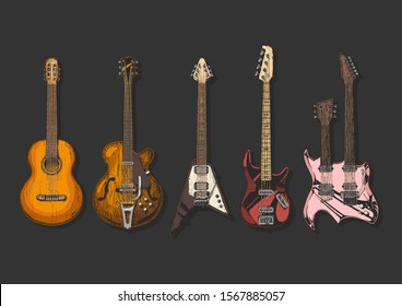 acoustic and electric guitars set