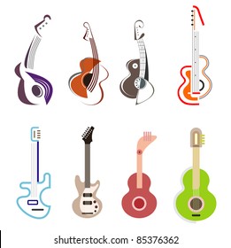 Acoustic and Electric guitars - set of color vector icons. Isolated on white background. Design elements. Can be used as logotype.