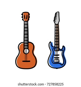 Acoustic and electric guitars set doodle style colored - isolated vector illustration