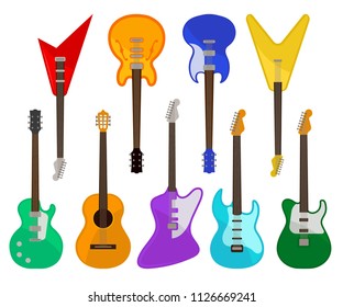 Acoustic and electric guitars set, musical instruments of various colors vector Illustrations on a white background