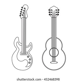 Acoustic and electric guitars set. Musical string instrument. Linear icon. Design elements. Vector illustration.