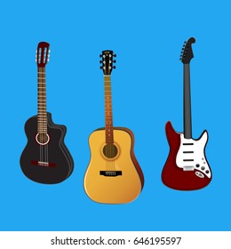 acoustic and electric guitars set vector on blue background