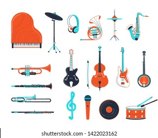 Acoustic and electric musical instruments illustrations set. Guitar, grand piano, banjo isolated design elements. Trumpet, saxophone, flute woodwind instruments. Retro music record and microphone