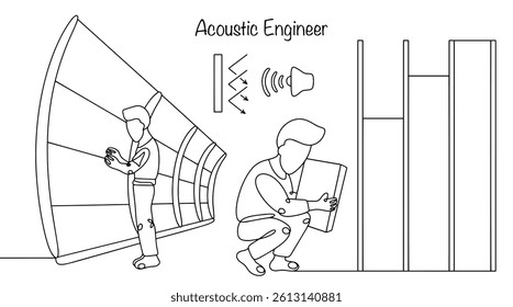 An acoustic engineer builds a noise insulation screen and sound insulation system to minimize noise pollution outdoors and indoors. Caring for people's hearing. Isolated vector.