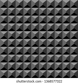 Acoustic foam material black background. Soft rubber plain of square cutted pyramids. Music record studio theme seamless pattern. Swatch included.