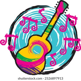 acoustic folk guitar over rough grunge spiral and music notes creative recording studio music festival band logo icon design vector illustration