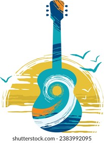 acoustic folk guitar with sea waves pattern against sunset album band music festival logo poster