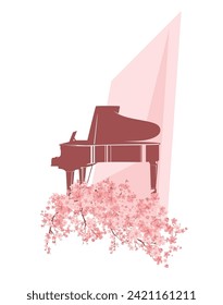 acoustic grand piano for outdoors classical music concert standing on sakura tree pink flower branches vector design