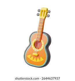 Ícone de estilo plástico 3d da guitarra acústica. Ilustração de renderização de vetor de música de corda realista. Clássico decorado violão de madeira retro isolado. Dispositivo de som de rock de renderização de desenho animado