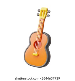 Ícone de estilo plástico 3d da guitarra acústica. Ilustração de renderização de vetor de música de corda realista. Guitarra de madeira retrô clássica isolada. Dispositivo de som de rock de renderização de desenho animado