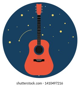 acoustic guitar against the starry sky isolated on white background. Vector illustration.