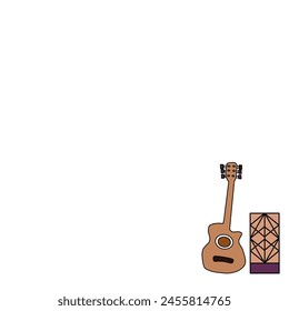 Acoustic Guitar and amplify instrument isolated on white background. Backdrop of invitation card or festival background. Copy space for text.