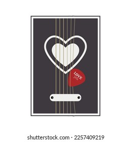 Diseño creativo de guitarra acústica con Heart, Love Music Concept para el día de San Valentín, tarjeta, afiche.