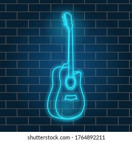 Acoustic guitar, beautiful blue neon glow. Musical instrument, retro. Night signboard. Vector illustration.