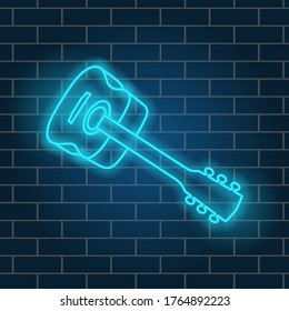 Acoustic guitar, beautiful neon glow. Musical instrument, retro. Glowing line. Night signboard. Vector illustration.
