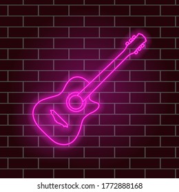 Acoustic guitar, beautiful pink neon glow. Musical instrument. Night signboard. Vector illustration.