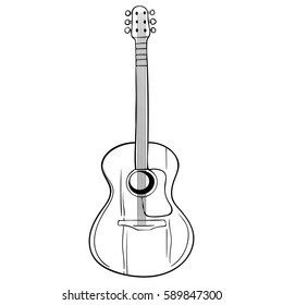 Acoustic Guitar, Black Line Drawing On A White Background.