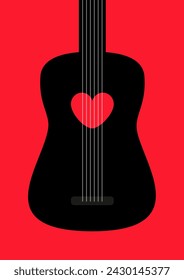 Acoustic guitar. Black silhouette. Red heart icon sign symbol. Music instrument. Love greeting card, banner, invitation template. Happy Valentines Day. Flat design. Red background. Isolated. Vector