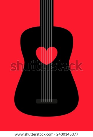 Acoustic guitar. Black silhouette. Red heart icon sign symbol. Music instrument. Love greeting card, banner, invitation template. Happy Valentines Day. Flat design. Red background. Isolated. Vector