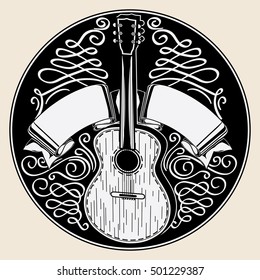 Acoustic guitar black and white emblem
