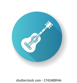 Acoustic guitar blue flat design long shadow glyph icon. Classical string musical instrument. Rock music festival. Live pop band performance. Perform song. Silhouette RGB color illustration