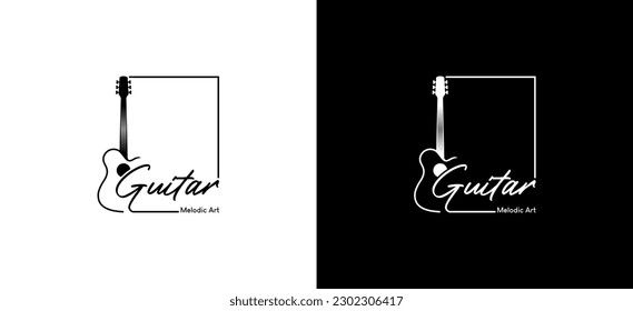 Acoustic guitar in box logo design template, guitar music vector art logo