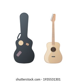 Acoustic guitar and case. Vector flat illustration. Isolated on white background.