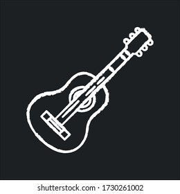 Acoustic guitar chalk white icon on black background. Classical string musical instrument. Rock music festival. Live pop band performance. Perform song. Isolated vector chalkboard illustration