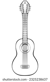 Acoustic guitar. Classical rock electro or bass guitar. String musical instrument. Vector illustration in hand drawn sketch doodle style. Black outline musical equipment isolated on white